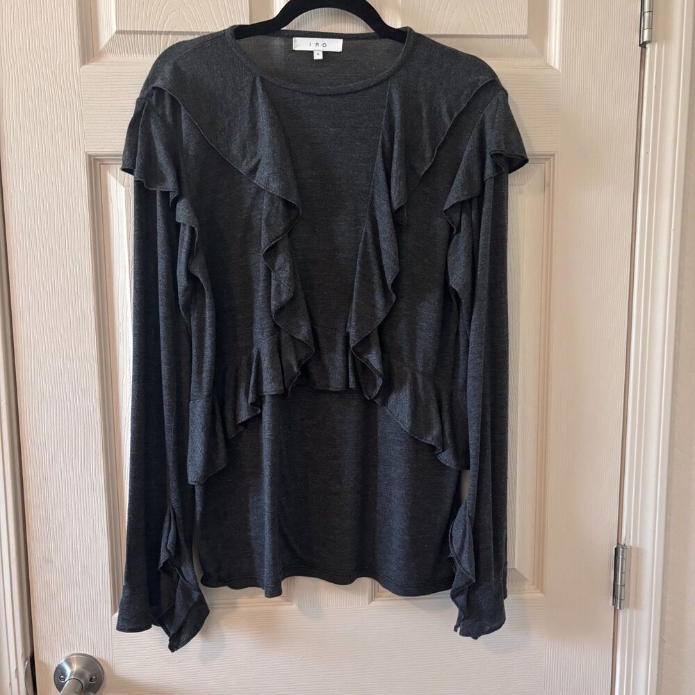 IRO Paris Charcoal Grey Ruffle Trim Long Sleeve Knit Top Size Small